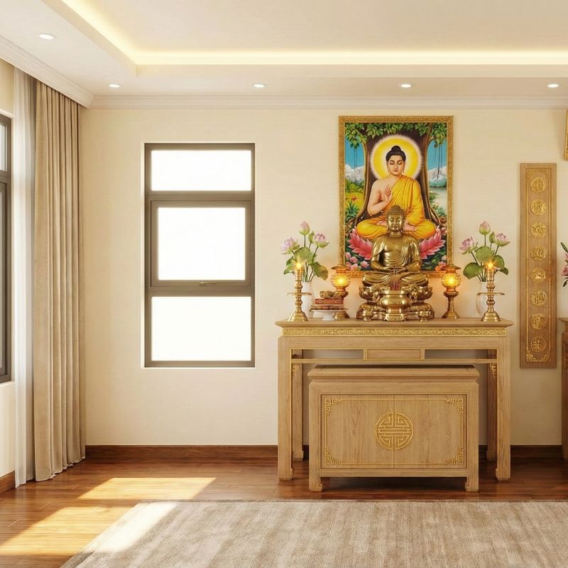 Bạn có thể đặt chung bàn thờ Phật và gia tiên trong không gian thờ cúng Bạn có thể đặt chung bàn thờ Phật và gia tiên trong không gian thờ cúng