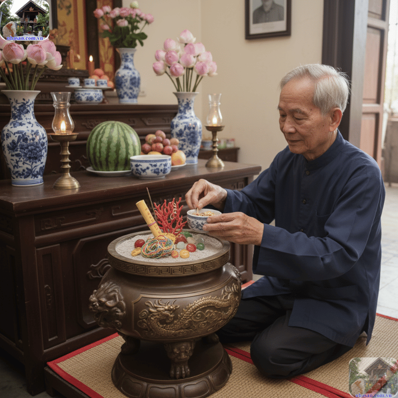 Người thực hiện nghi lễ (thường là gia chủ hoặc người lớn tuổi) phải tắm gội sạch sẽ, mặc quần áo trang nghiêm Người thực hiện nghi lễ (thường là gia chủ hoặc người lớn tuổi) phải tắm gội sạch sẽ, mặc quần áo trang nghiêm