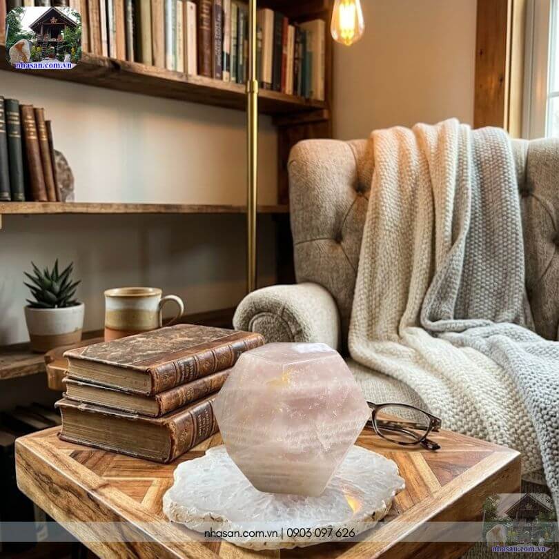 Đặt quả cầu đá 12 mặt thạch anh hồng ở góc đọc sách tạo điểm nhấn phong thủy thanh lịch, mộc mạc Đặt quả cầu đá 12 mặt thạch anh hồng ở góc đọc sách tạo điểm nhấn phong thủy thanh lịch, mộc mạc