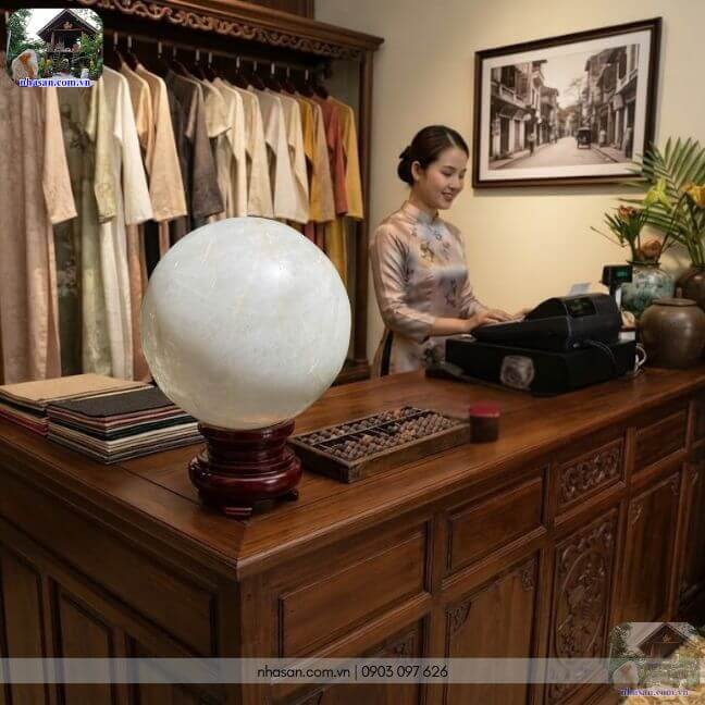 Quả cầu đá thạch anh trắng phong thủy đặt tại quầy thu ngân cửa hàng. Quả cầu đá thạch anh trắng phong thủy đặt tại quầy thu ngân cửa hàng.