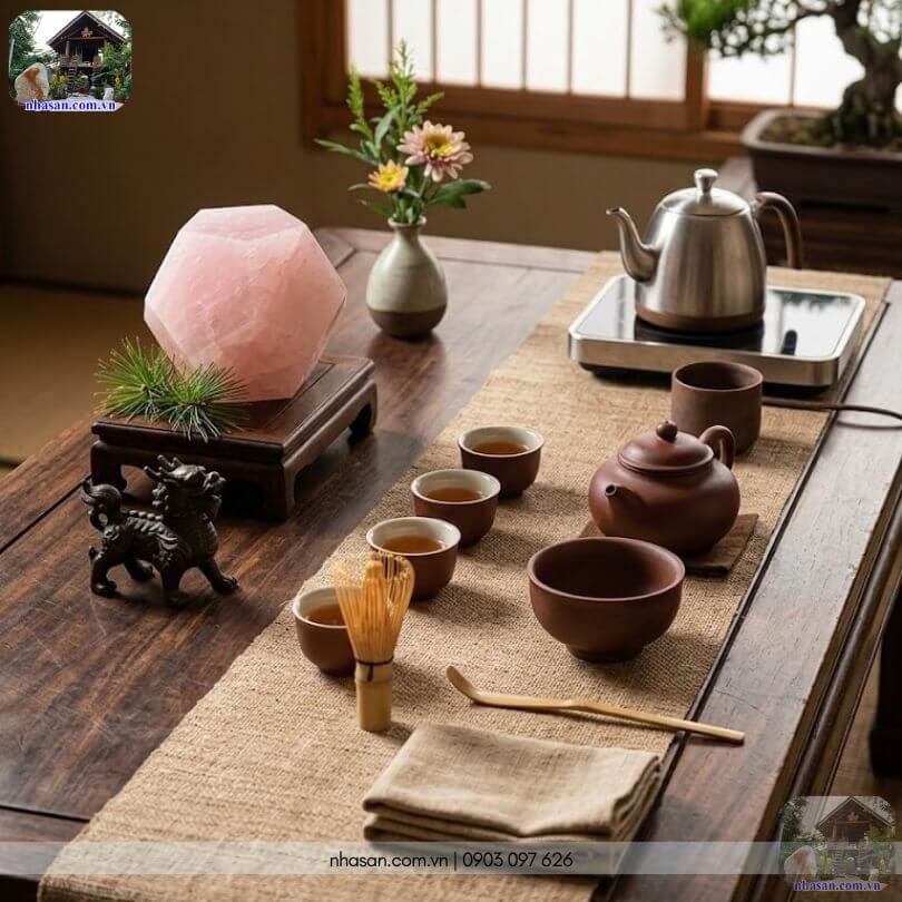 Quả cầu thạch anh 12 mặt được đặt trên bàn trà Quả cầu thạch anh 12 mặt được đặt trên bàn trà