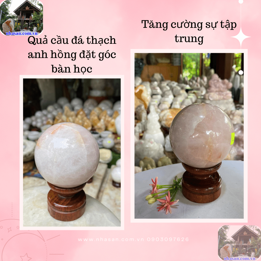 Quả cầu đá thạch anh hồng đặt bàn học, góc thiền định Quả cầu đá thạch anh hồng đặt bàn học, góc thiền định