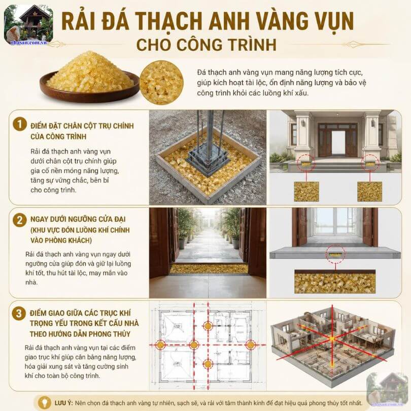 Minh họa vị trí chân cột và ngưỡng cửa đại, nơi thường được chọn để chôn thạch anh vàng vụn khi làm móng Minh họa vị trí chân cột và ngưỡng cửa đại, nơi thường được chọn để chôn thạch anh vàng vụn khi làm móng