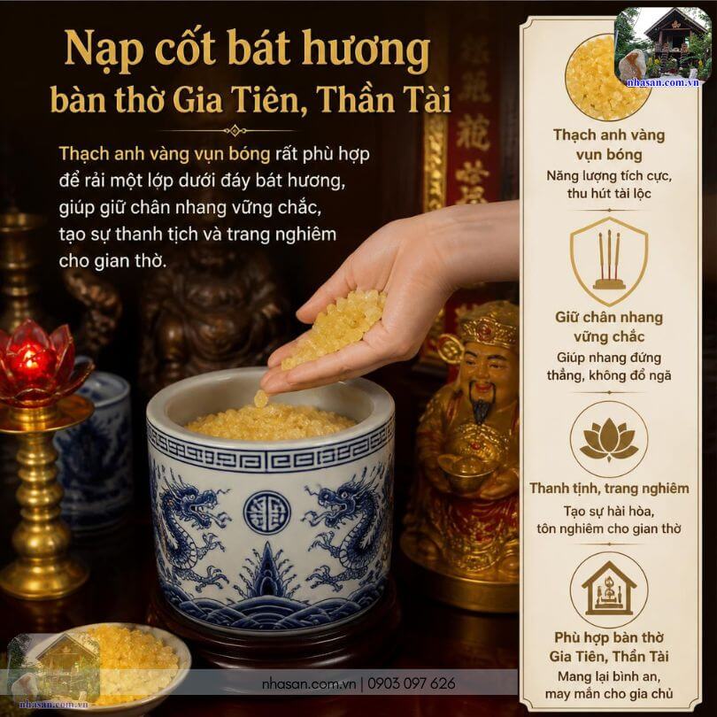 Lớp thạch anh vàng vụn lót đáy bát hương giúp chân nhang đứng vững, mang lại bình an cho cả nhà Lớp thạch anh vàng vụn lót đáy bát hương giúp chân nhang đứng vững, mang lại bình an cho cả nhà