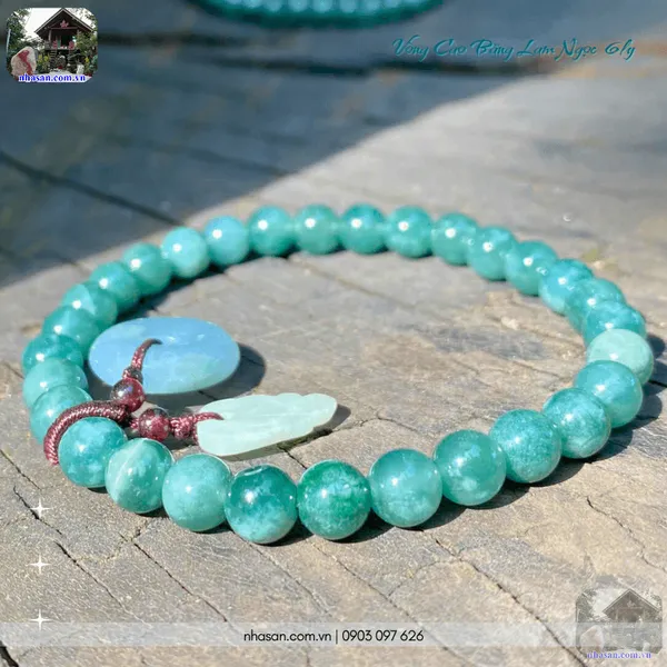 Vòng tay cao băng lam ngọc 6ly mix charm đồng điếu và lá ngọc tinh tế