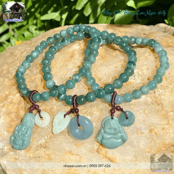 Vòng tay cao băng lam ngọc 6ly mix charm đồng điếu và lá ngọc tinh tế