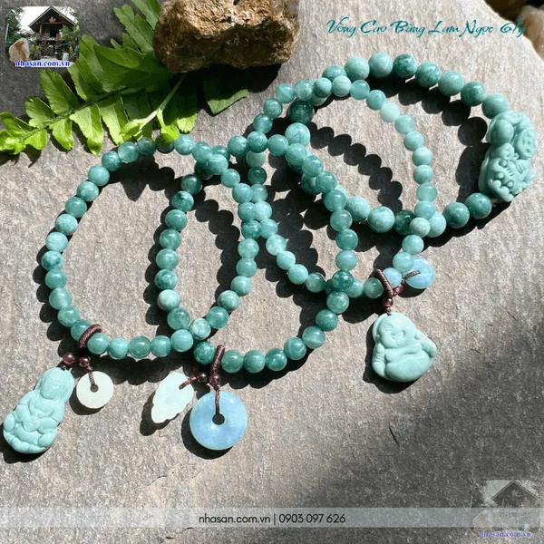 Vòng tay cao băng lam ngọc 6ly mix charm đồng điếu và lá ngọc tinh tế