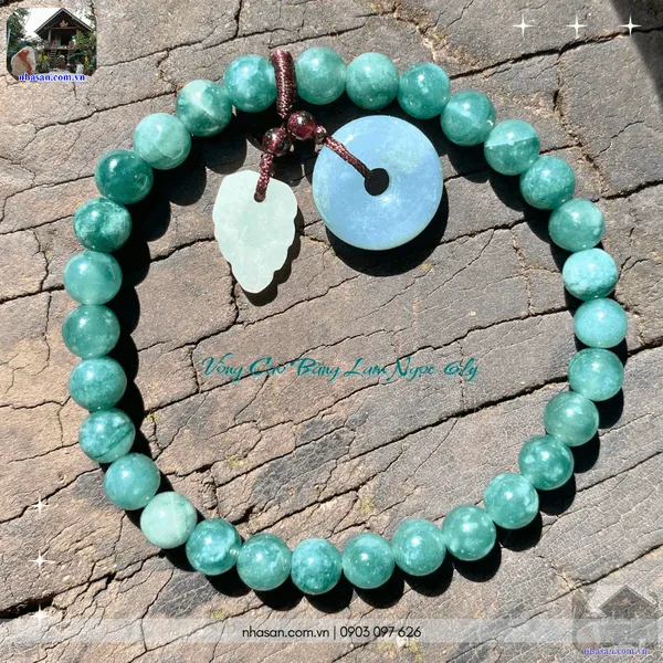 Vòng tay cao băng lam ngọc 6ly mix charm đồng điếu và lá ngọc tinh tế