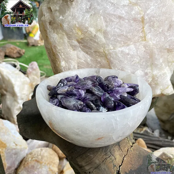 Bát đá thạch anh trắng 1kg-14.4cm B22