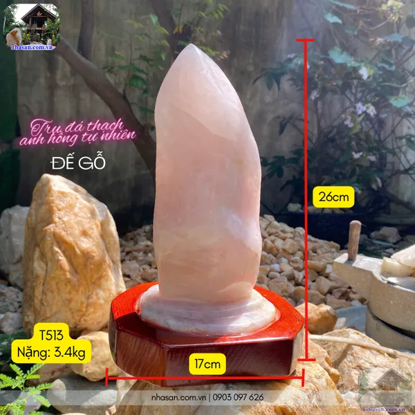 Đá thạch anh hồng tự nhiên đế gỗ nặng 3.4kg-T513