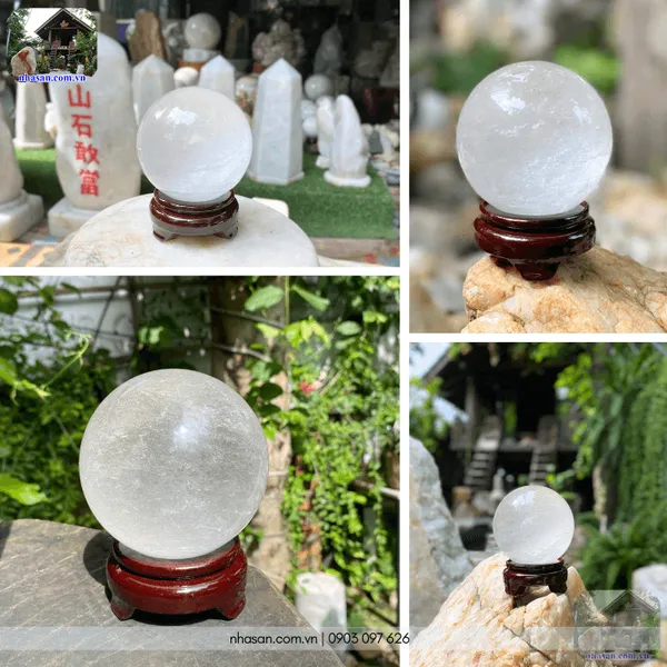Quả cầu đá thạch anh trắng tinh thể 1.26kg - 9.5cm - QC1466 