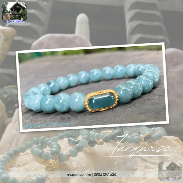 Vòng ngọc lam 7.5ly mix charm, sắc xanh chữa lành từ thiên nhiên