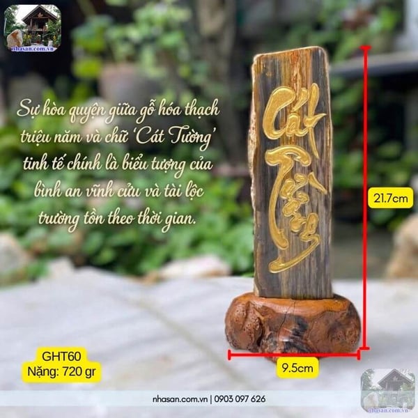 Trụ gỗ hoá thạch tự nhiên khắc chữ "Cát Tường" GHT60 - 720gr