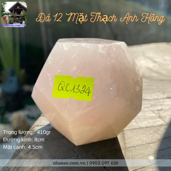Đá 12 mặt thạch anh hồng QC1324 nặng 410gr, đường kính 8cm