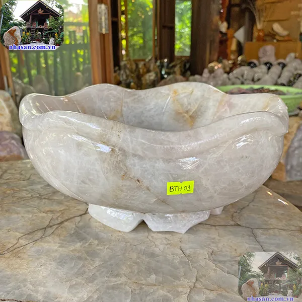 Bát sen thả hoa tắm Phật đá thạch anh hồng 9.5kg (30x13.5cm)