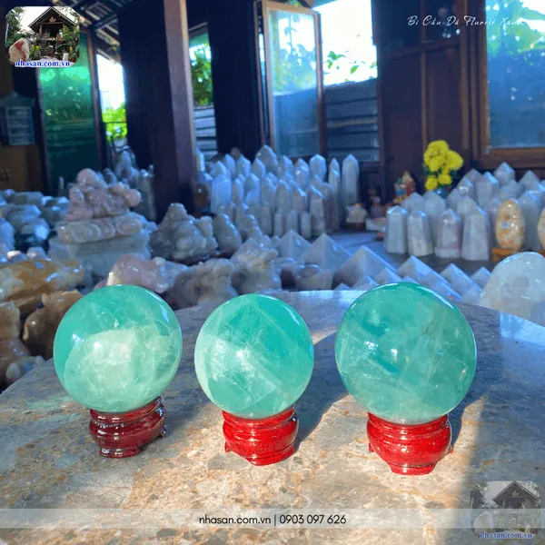 Bi cầu đá fluorit xanh QC1480 - 500gr - 6.6cm