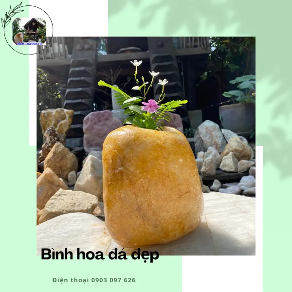 Bình cắm hoa đá phong thủy cuội thạch anh hồng BH03, kích thước 26x25.5x19 (cm), nặng 17.5kg
