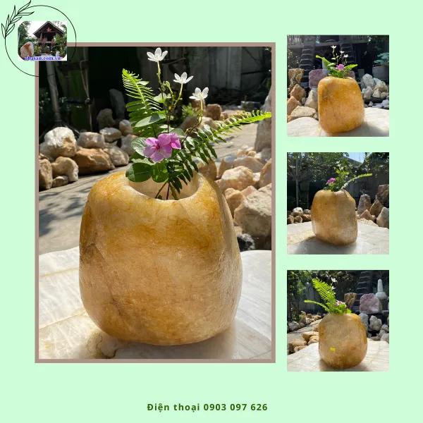 Bình cắm hoa đá phong thủy cuội thạch anh hồng BH03, kích thước 26x25.5x19 (cm), nặng 17.5kg