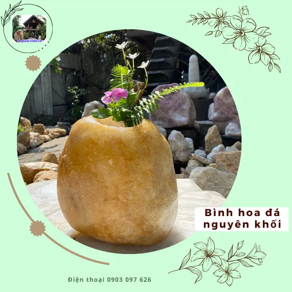 Bình cắm hoa đá phong thủy cuội thạch anh hồng BH03, kích thước 26x25.5x19 (cm), nặng 17.5kg