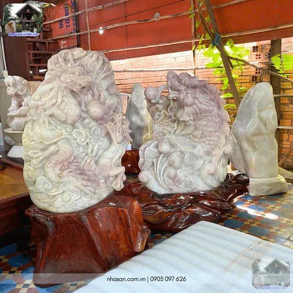 Cặp Rồng chầu ngọc 98kg đá thạch anh hồng Việt Nam