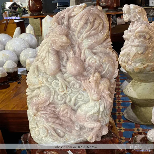 Cặp Rồng chầu ngọc 98kg đá thạch anh hồng Việt Nam