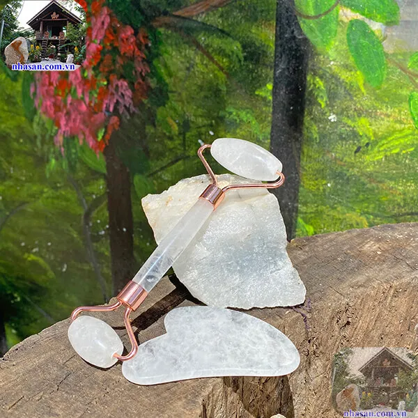 Combo thanh lăn mặt và miếng massage đá thạch anh trắng tự nhiên
