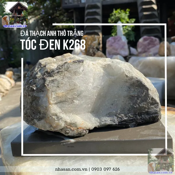 Đá thạch anh thô trắng tóc đen K268 nặng 3.62kg, kích thước: Cao 10cm x ngang 21cm x dày 14cm