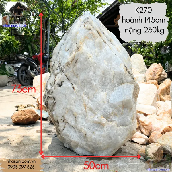 Cục thạch anh thô trắng 230kg, cao 73cm x ngang 50cm, hoành 145cm - K270
