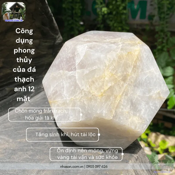 Đá thạch anh 12 mặt QC1448 nặng 3.1kg, đường kính 14cm