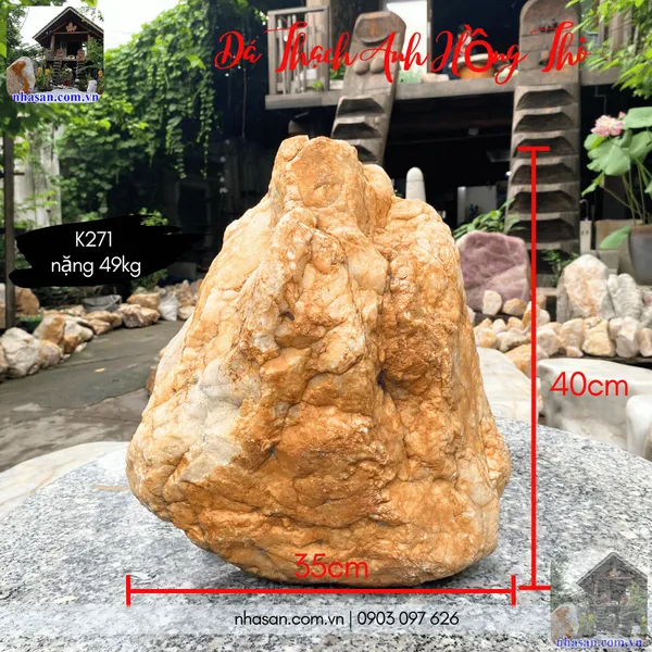 Đá thạch anh hồng thô K271 nặng 49kg, kích thước: Cao 40 x ngang 35 (cm), hoành đường kính 103cm