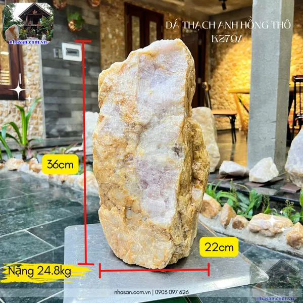 Đá thạch anh hồng thô K279A nặng 24.8cm, cao 36cm x ngang 22cm (hoành 72cm)
