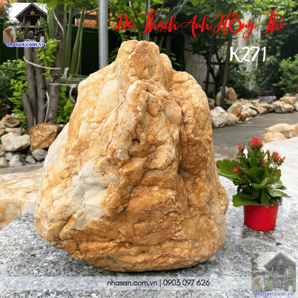 Đá thạch anh hồng thô K271 nặng 49kg, kích thước: Cao 40 x ngang 35 (cm), hoành đường kính 103cm
