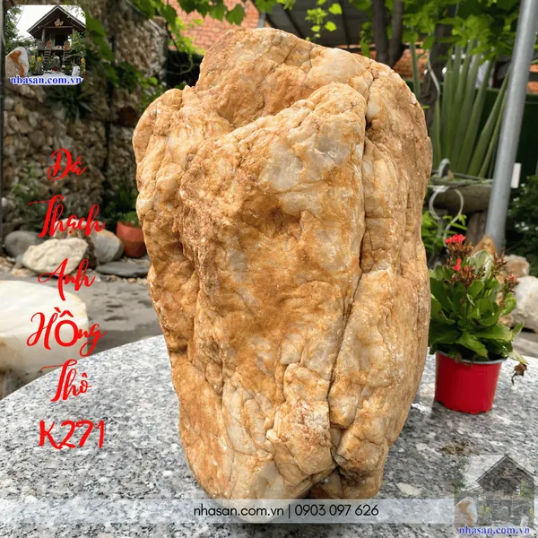 Đá thạch anh hồng thô K271 nặng 49kg, kích thước: Cao 40 x ngang 35 (cm), hoành đường kính 103cm