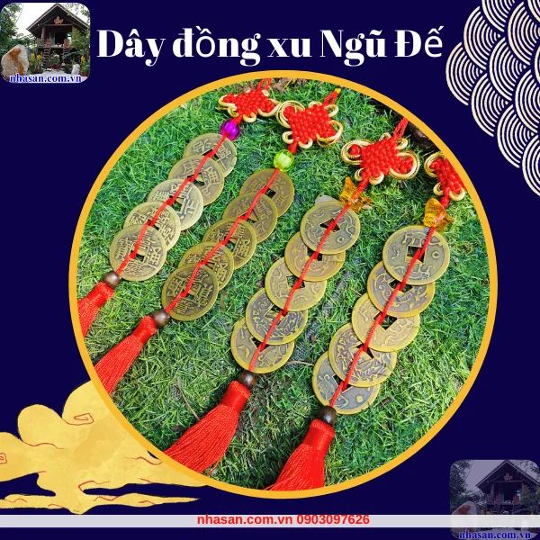 Dây đồng xu Ngũ đế 5 xu dài 40cm, đường kính xu 4.2cm - Nghênh phúc đón bình an, hóa giải âm khí