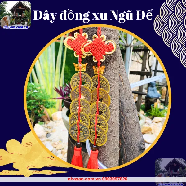 Dây đồng xu Ngũ đế 5 xu dài 40cm, đường kính xu 4.2cm - Nghênh phúc đón bình an, hóa giải âm khí
