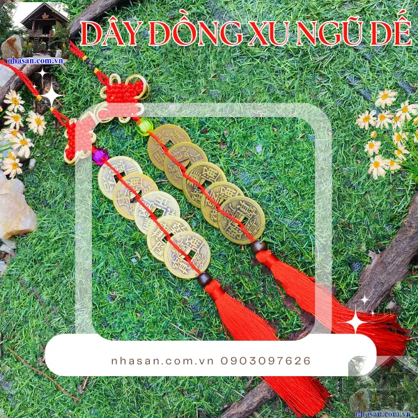 Dây đồng xu Ngũ đế 5 xu dài 40cm, đường kính xu 4.2cm - Nghênh phúc đón bình an, hóa giải âm khí