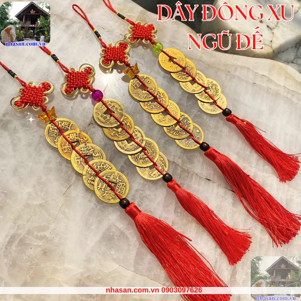 Dây đồng xu Ngũ đế 5 xu dài 40cm, đường kính xu 4.2cm - Nghênh phúc đón bình an, hóa giải âm khí