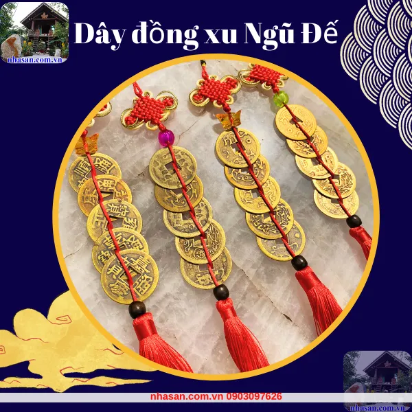 Dây đồng xu Ngũ đế 5 xu dài 40cm, đường kính xu 4.2cm - Nghênh phúc đón bình an, hóa giải âm khí