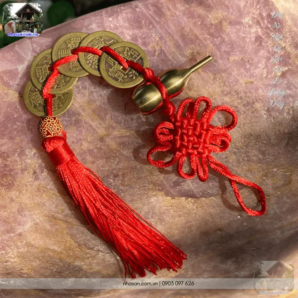 Dây xu ngũ đế gắn hồ lô bằng đồng - Vật phẩm chiêu tài, hóa sát, cầu bình an