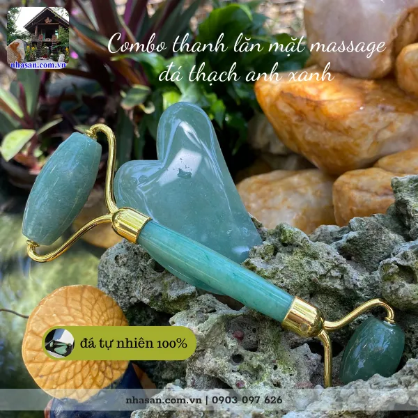 Combo thanh lăn mặt massage đá thạch anh xanh
