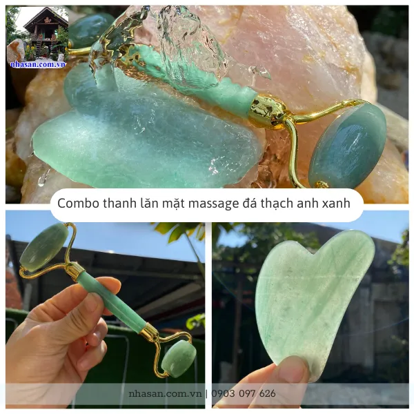 Combo thanh lăn mặt massage đá thạch anh xanh