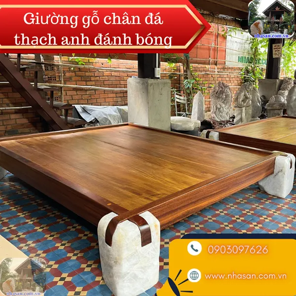 Giường gỗ chân đá thạch anh đánh bóng