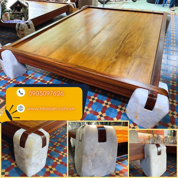 Giường gỗ chân đá thạch anh đánh bóng