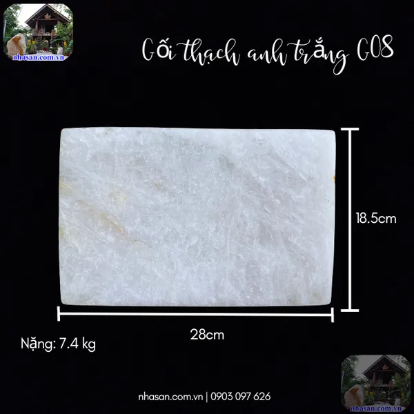 Gối thạch anh trắng G08 nặng 7.4kg, kích thước: cao 5cm x rộng 18.5cm x dài 28cm