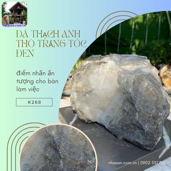 Đá thạch anh thô trắng tóc đen K268 nặng 3.62kg, kích thước: Cao 10cm x ngang 21cm x dày 14cm
