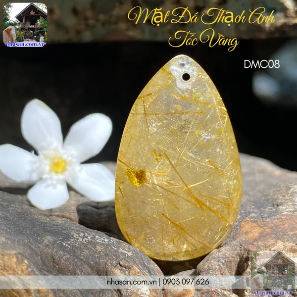 Mặt đá thạch anh tóc vàng nặng 9gr, cao 3.2cm x ngang 2cm - MDC08