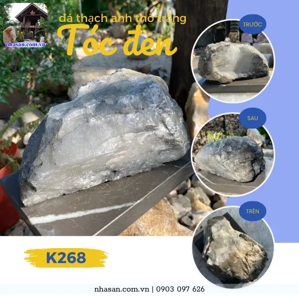 Đá thạch anh thô trắng tóc đen K268 nặng 3.62kg, kích thước: Cao 10cm x ngang 21cm x dày 14cm