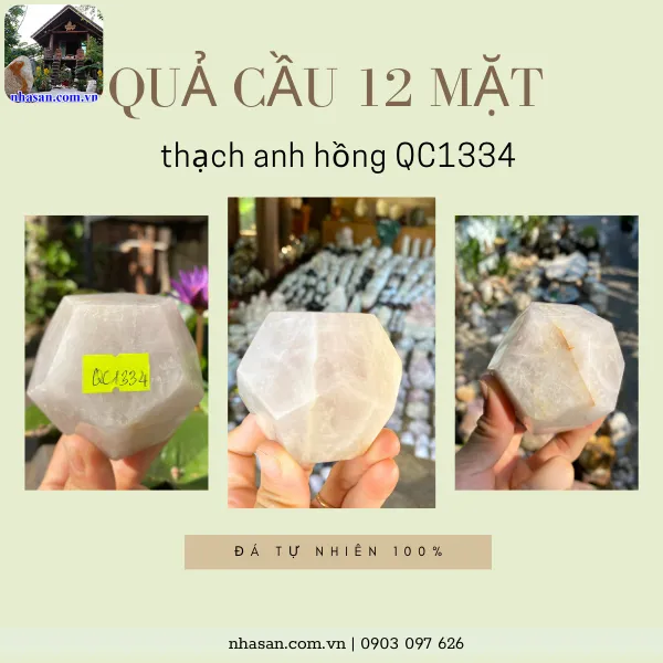 Quả cầu 12 mặt thạch anh hồng QC1334 nặng 380gr, đường kính 7.5cm