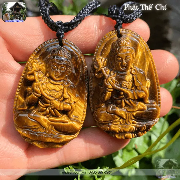 Mặt dây chuyền Phật Thế Chí đá mắt hổ nặng 18gr, cao 4.6cm x ngang 3cm x dày 0.8cm