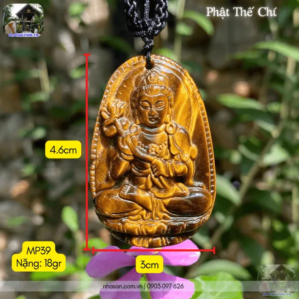 Mặt dây chuyền Phật Thế Chí đá mắt hổ nặng 18gr, cao 4.6cm x ngang 3cm x dày 0.8cm